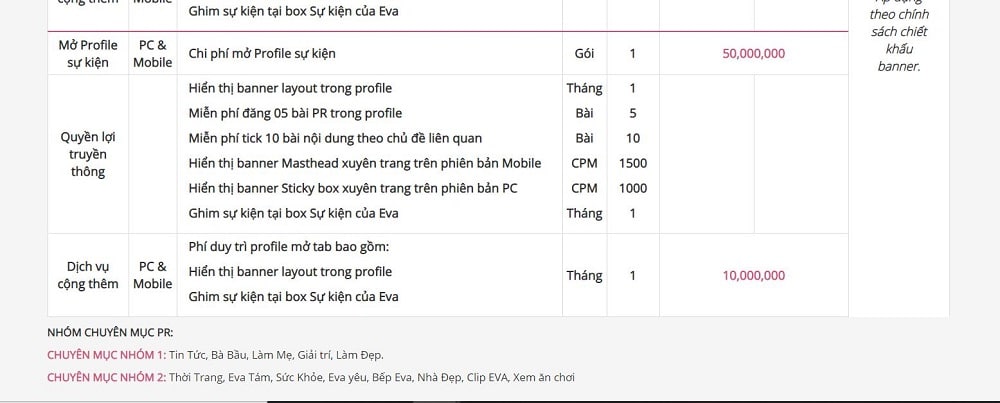 Báo giá đăng bài pr trên báo Eva.vn